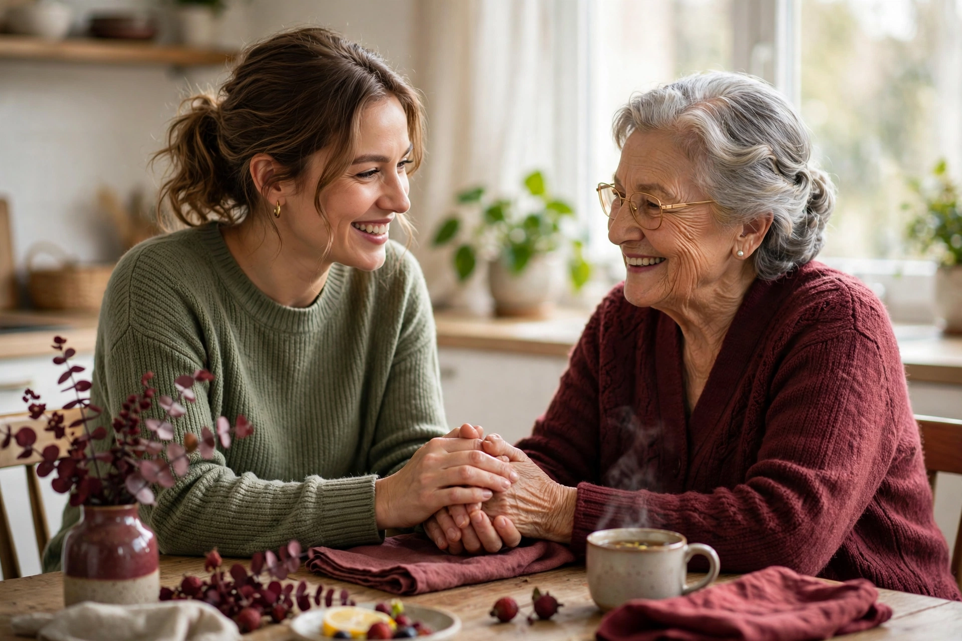 A daughter gently holding the hand of her elderly mother at home
